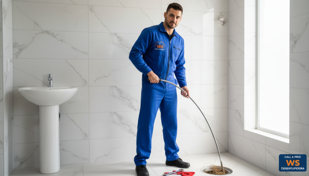 A professional plumber from WS Desentupidora, dressed in a clean blue uniform with a company logo, stands confidently in a modern bathroom with a partially visible clogged drain. The plumber is using a high-quality plumbing snake to clear the blockage. In the background, there are elegant bathroom tiles, a clean sink, and soft natural light streaming in through a nearby window, creating a bright and inviting atmosphere. The plumber's focused expression reflects expertise and reliability. The scene captures a moment of attentive service, emphasizing the importance of calling a professional when bathroom drains are clogged. The image should be realistic and well-composed, showcasing the tools and environment clearly.