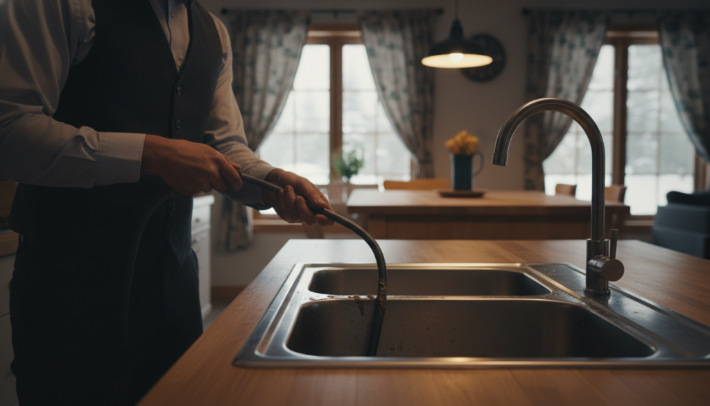 A professional plumber in business attire inspects a clogged kitchen sink. In the foreground, the plumber is seen using a snake tool, carefully maneuvering it into a darkened pipe with grease buildup visible. The middle ground captures the sink area, featuring water droplets reflecting light and greasy residue around the sink basin. The background shows a quaint kitchen with warm lighting, emphasizing a cozy atmosphere. Soft shadows create depth, and a slight vignette centers the focus on the plumber’s work. The overall mood is one of determination and professionalism, highlighting expertise in resolving a common household issue during colder months.
