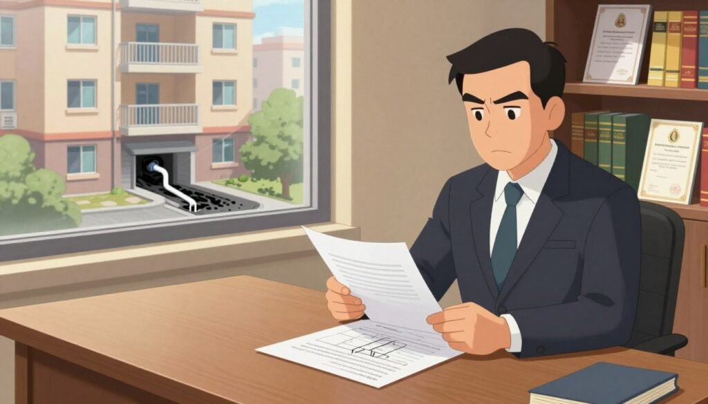 A professional setting depicting a legal consultation about sewage blockages in a building. In the foreground, a well-dressed attorney, in a sharp suit, is sitting at a modern wooden desk, examining legal documents with a serious expression. On the desk, there are blueprints of a building and a drainage system. In the middle ground, a large window shows a view of an apartment building struggling with sewage issues, visually represented by overflowing drains. The background includes a shelf with legal books and certificates. The lighting is warm and soft, creating a serious and focused atmosphere, while the angle captures the attorney's engagement with the matter, suggesting responsibility and professionalism.