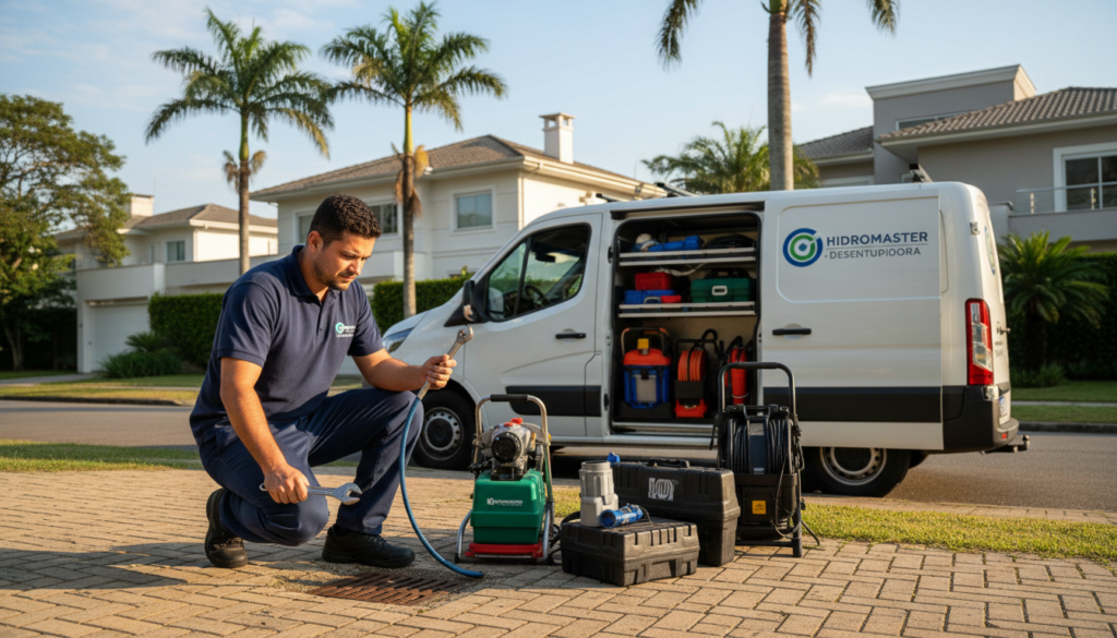 A professional setting depicting a well-organized plumbing service focused on drain unclogging. In the foreground, showcase a skilled technician wearing a clean uniform, holding plumbing tools, and inspecting a drain. In the middle ground, a modern service van with the company logo parked nearby, displaying essential equipment and tools visibly arranged. The background features a residential area in Morumbi, with lush greenery and a clear sky, suggesting a pleasant day. Use warm, natural lighting to create an inviting atmosphere, and employ an angle that captures the technician's focus and professionalism. Emphasize the reliability and quality of the plumbing service through the composition.