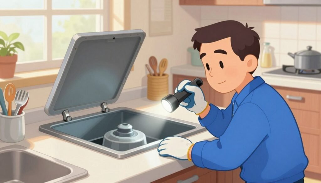 A professional technician performing preventive maintenance on a kitchen grease trap in a residential kitchen setting. In the foreground, the technician, a middle-aged man in a blue uniform and gloves, is examining the grease trap with a flashlight in hand, showcasing his attention to detail. The middle ground features the grease trap itself, partially opened, with utensils and household items neatly arranged nearby, suggesting a clean, well-maintained environment. The background includes a bright, airy kitchen with natural light streaming in through a window, highlighting the importance of cleanliness and functionality. The mood is focused and proactive, emphasizing the concept of preventive maintenance. Use soft, warm lighting to create an inviting atmosphere, shot with a medium lens to bring the technician and the grease trap into clear focus.
