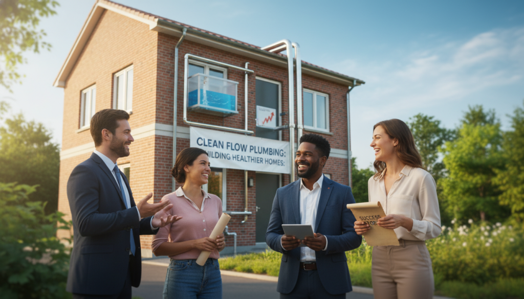 A scene depicting testimonials and success stories related to plumbing and sewage solutions, emphasizing community engagement. In the foreground, a smiling, diverse group of four people—two men in professional business attire and two women in modest casual clothing—are standing together, sharing their experiences. The middle ground features a clean, renovated building with a visible, modern sewage system, symbolizing successful repairs. The background includes lush greenery and a bright blue sky, suggesting a healthy community environment. Warm, natural lighting enhances the hopeful atmosphere, while a slight lens blur captures the essence of shared success and relief over plumbing improvements.