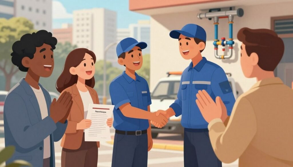 A vibrant scene showcasing satisfied customers celebrating after a successful plumbing service. In the foreground, a diverse group of three clients, dressed in professional business attire, smiles joyfully, expressing gratitude. One holds a testimonial document, while the others gesture positively. The middle ground features a service technician, wearing a uniform and a cap, shaking hands with a client, conveying a sense of professionalism and trust. In the background, a neatly organized urban environment of São Paulo with recognizable buildings, subtly suggesting a plumbing service vehicle parked nearby. The lighting is warm and inviting, capturing an optimistic atmosphere. The angle is slightly lower to emphasize the interactions, focusing on the emotions of satisfaction and relief.