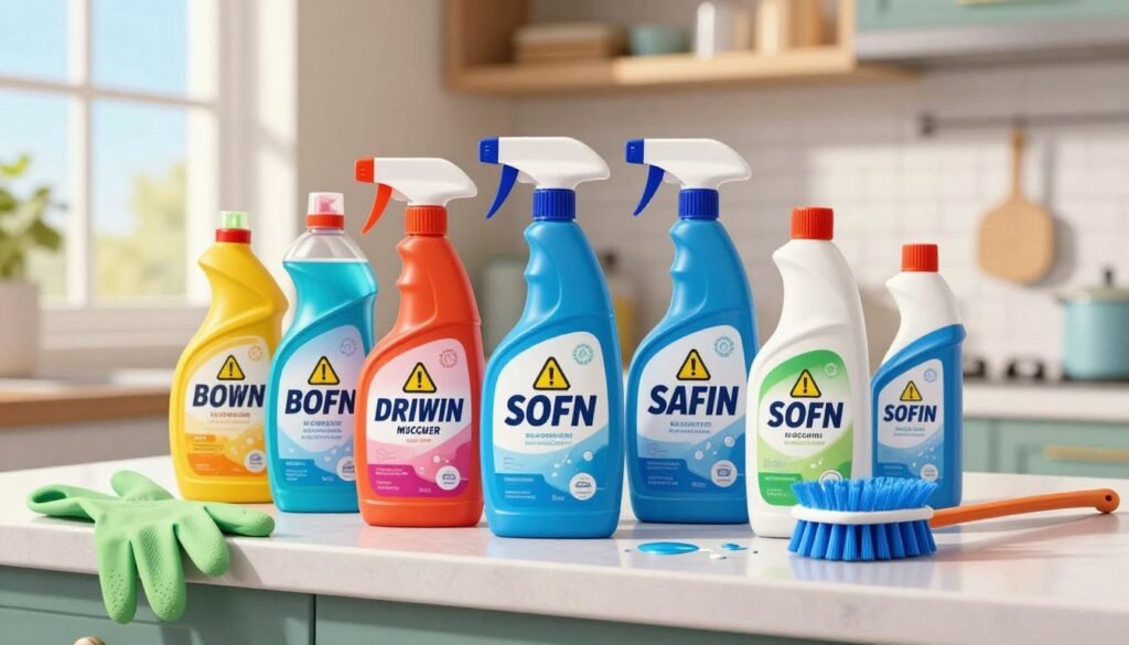 Colorful assortment of various chemical products typically found in a household, such as bottles of cleaner, drain unclogger, and chemical solutions, arranged neatly on a kitchen counter. The foreground features bright, eye-catching labels with safety warnings, while the middle ground includes a slightly cluttered countertop with spilled substances and cleaning tools like gloves and a brush. In the background, soft sunlight streams through a window, illuminating the scene and creating a clean, slightly tense atmosphere to convey the theme of caution. Use a shallow depth of field to focus on the products and reduce distractions. Overall, the image should evoke a sense of seriousness about the use of chemicals, highlighting the importance of safe practices.