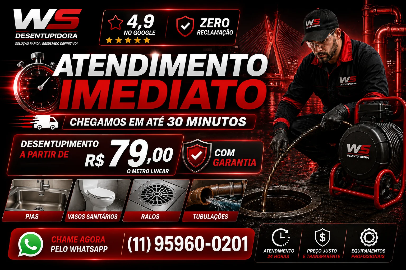 Desentupidora na Chácara Santo Antônio 24 horas para pia, ralo, vaso, cano e esgoto