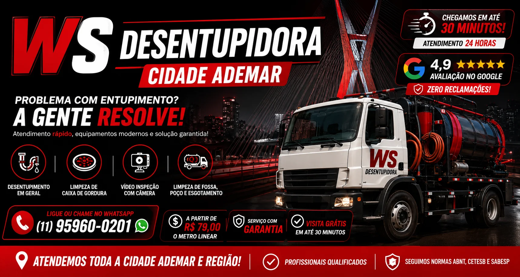 Desentupimento na Cidade Ademar com máquina elétrica, hidrojateamento e vídeo inspeção