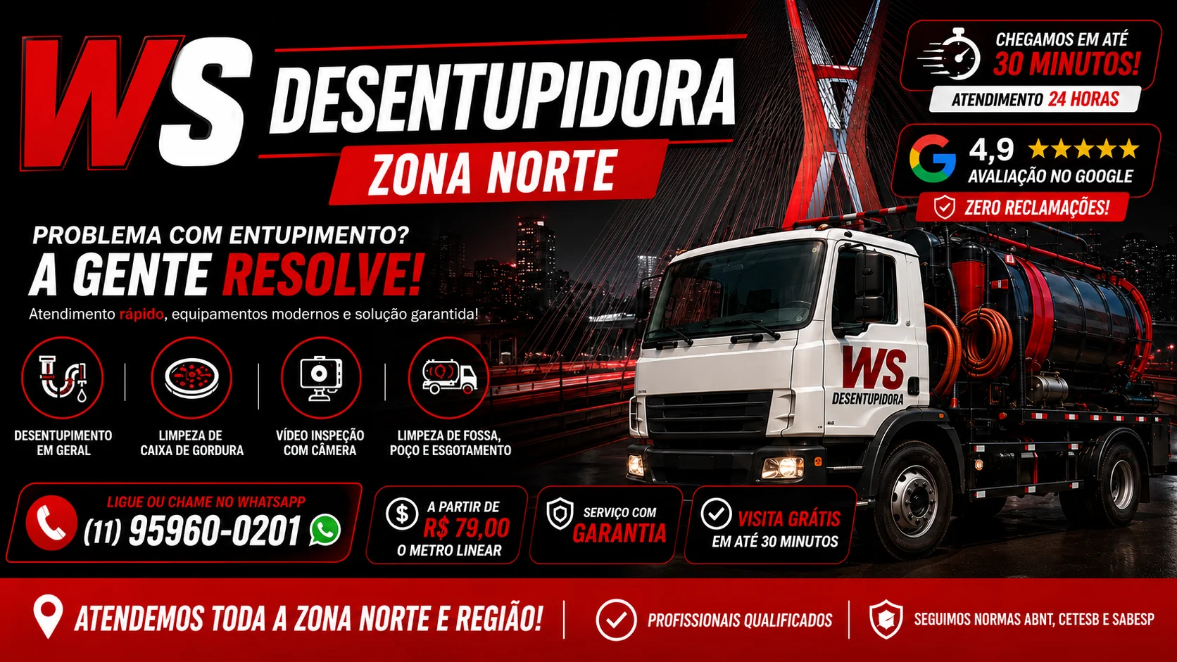 Desentupidora na Zona Norte para pia, ralo, vaso, cano e esgoto