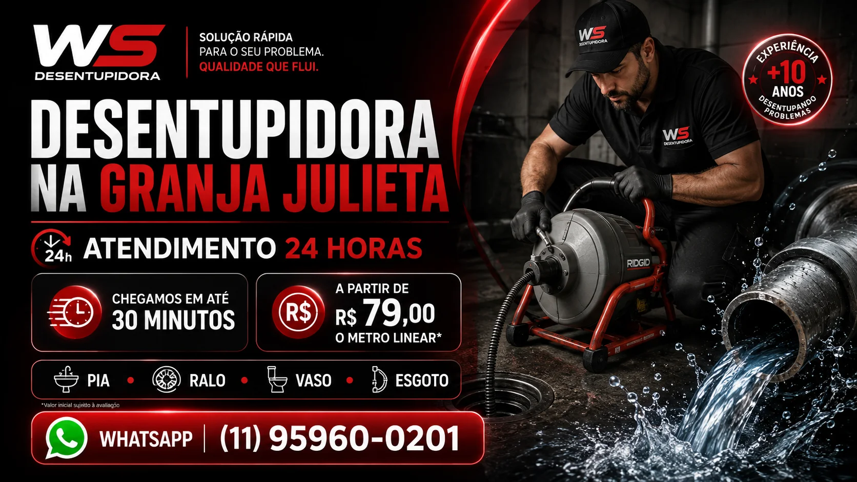Desentupidora na Granja Julieta para pia, ralo, vaso sanitário, canos e esgoto