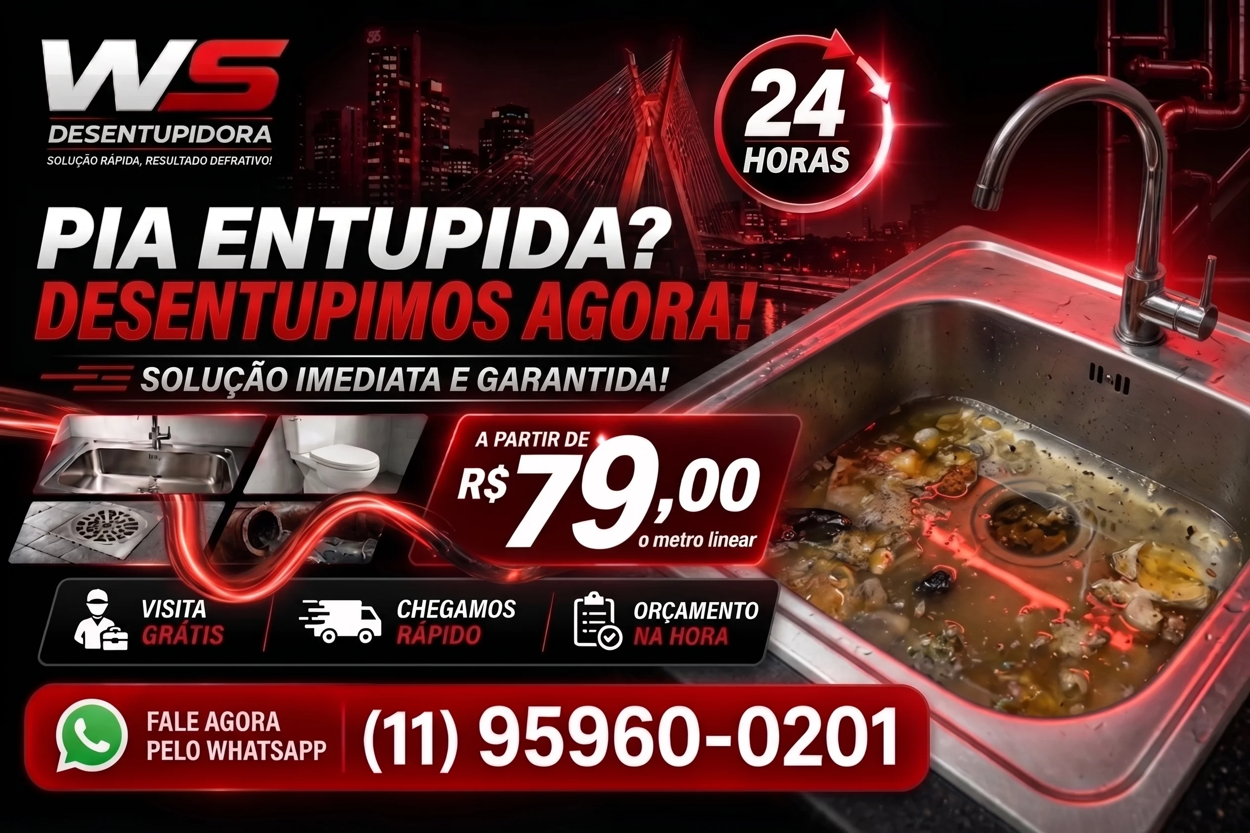 Desentupidora 24 horas na Zona Norte para esgoto, pia, ralo, vaso, vídeo inspeção e hidrojateamento
