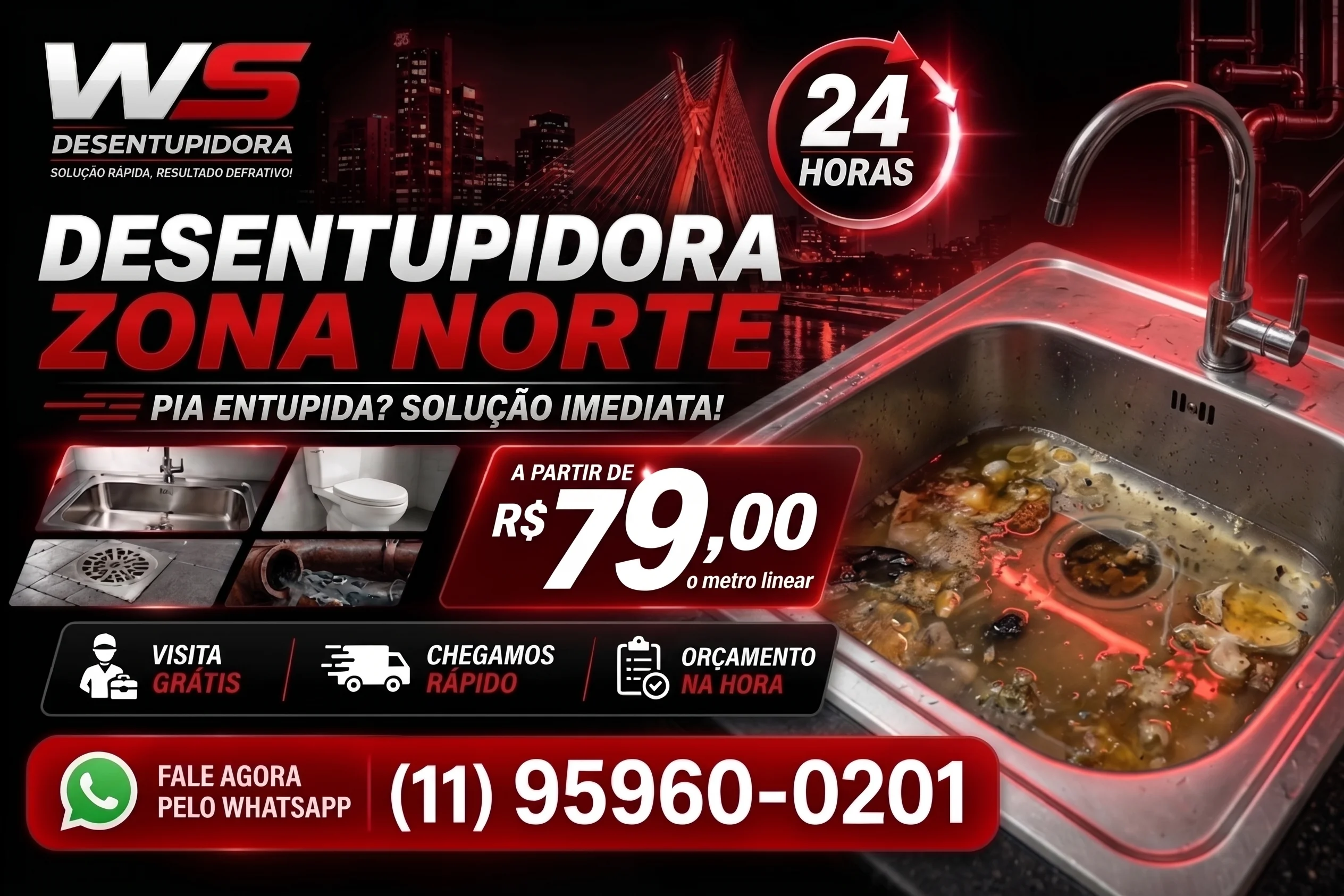 Desentupidora na Zona Norte para desentupimento de pia, ralo, vaso e esgoto