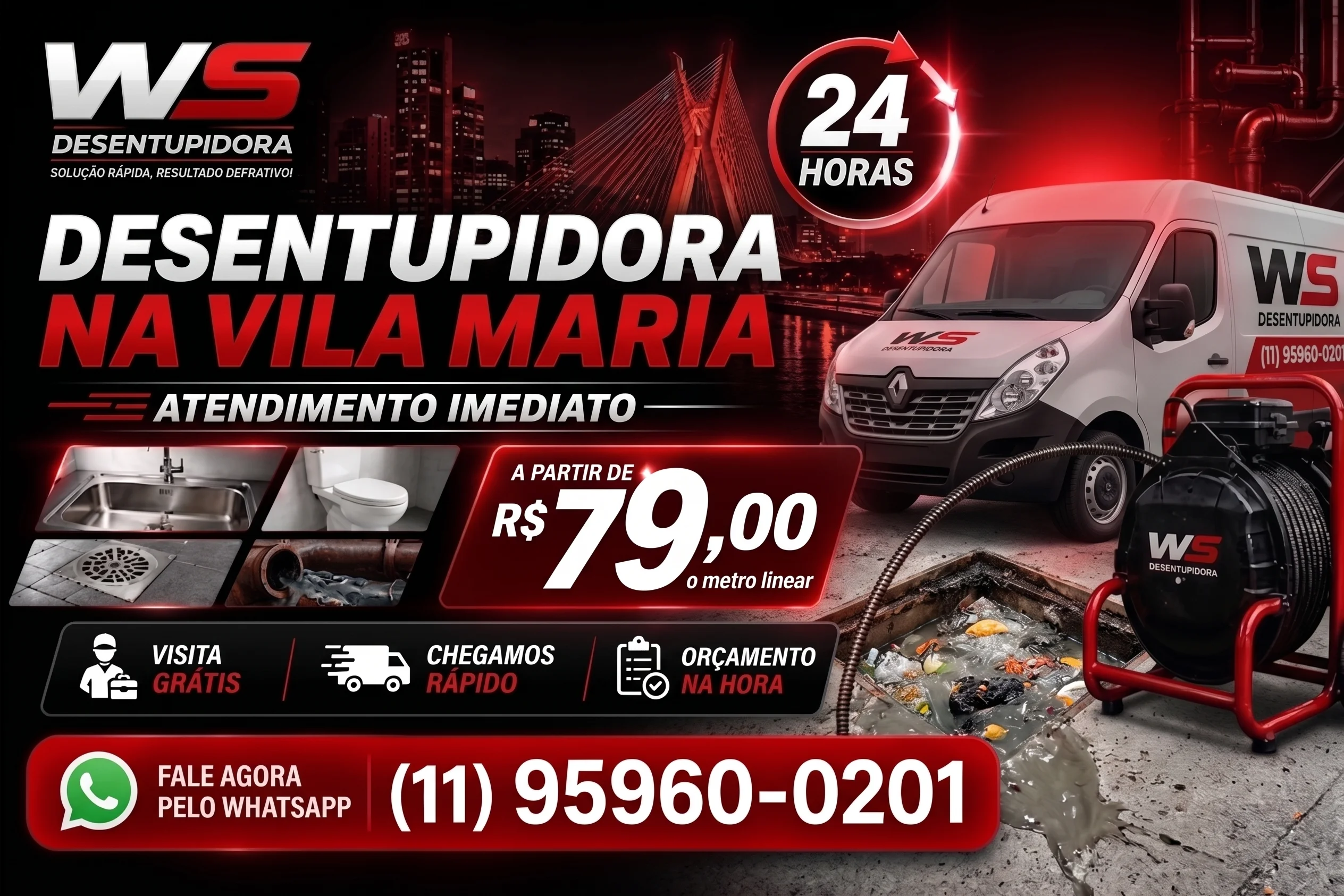 WS Desentupidora na Vila Maria para pia, ralo, vaso, cano e esgoto