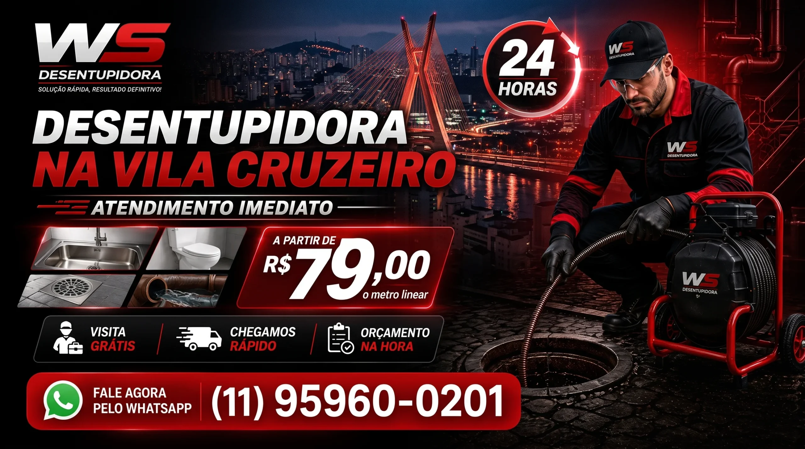 Desentupidora na Vila Cruzeiro para pia, ralo, vaso sanitário, canos e esgoto