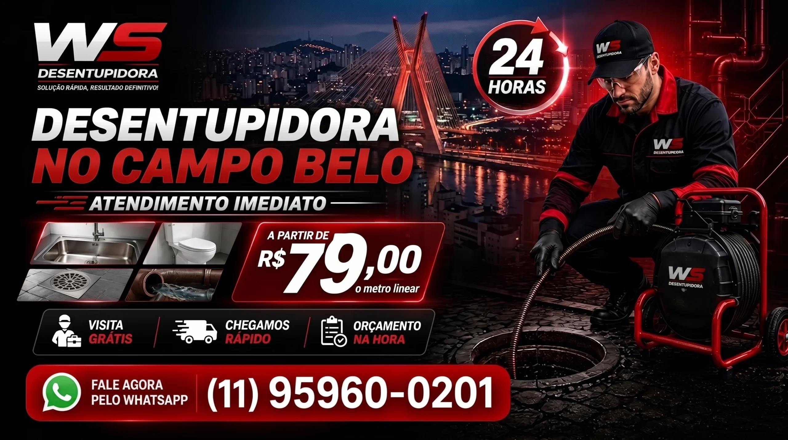 Desentupidora no Campo Belo para pia, ralo, vaso sanitário, canos e esgoto